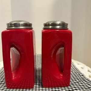 Red Ceramic Salt and Pepper Shaker Set OGGI brand stainless steel lids